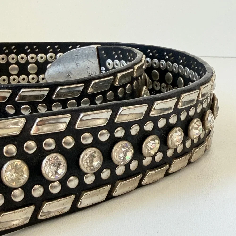 Vintage Nocona Belt Women Small Black Western‎ Rhinestone Studded Leather NWT